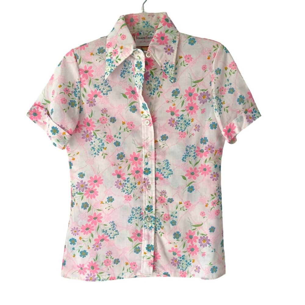 Vintage Stevens Fashions White Pink Floral 70s Button Down Blouse NWTs size 8